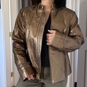 Vtg 90s metallic bronze leather jacket cool woven details Large